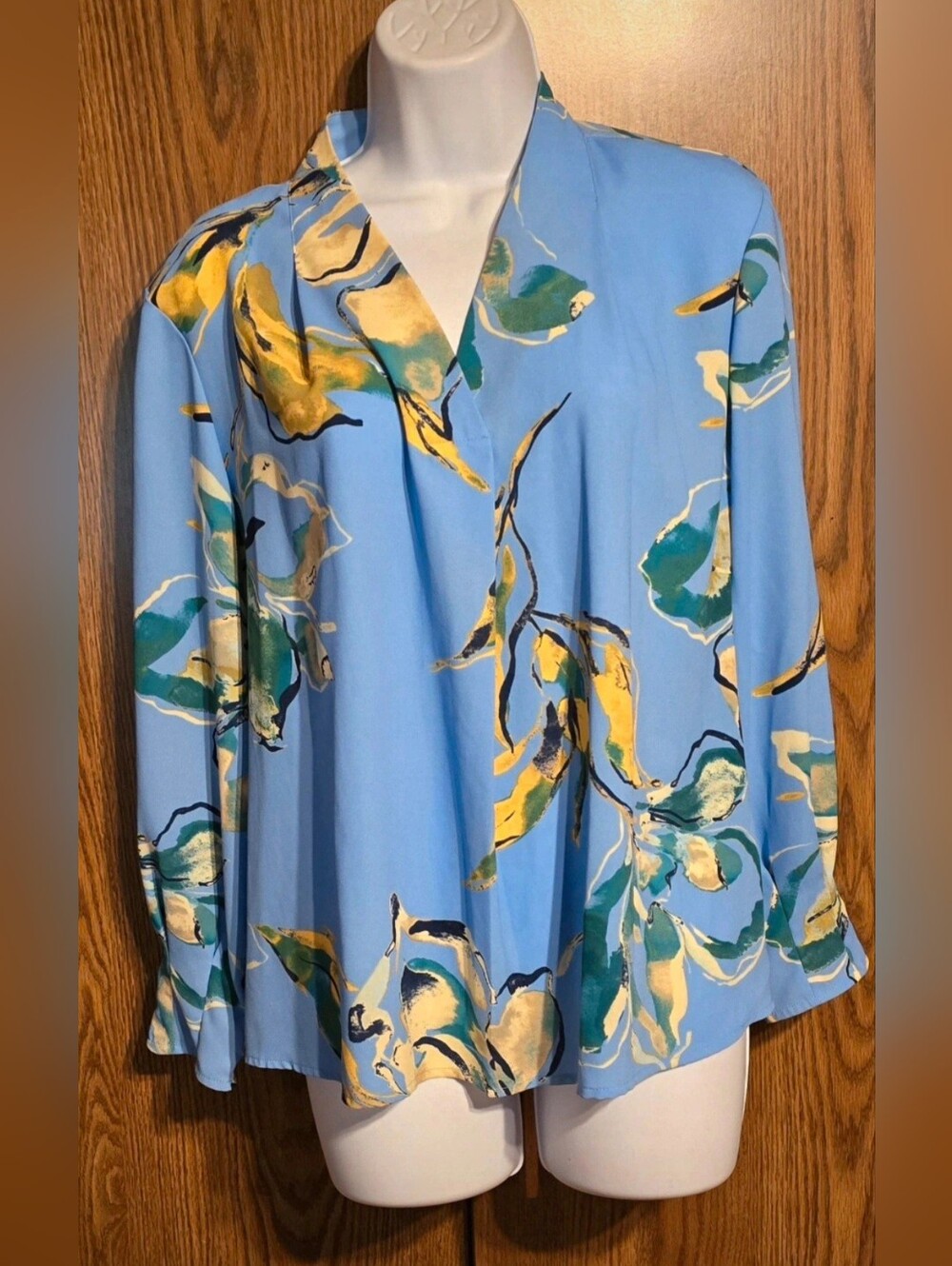 Investments Light Blue Floral V-Neck Blouse with Yellow & Green Accents